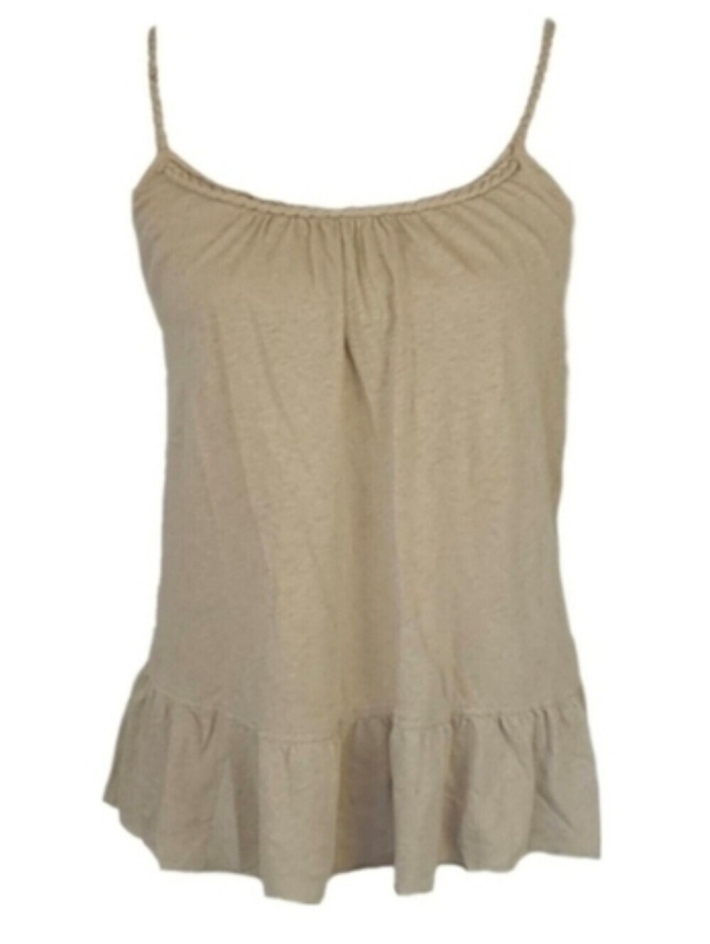 J. Crew Tan Cami Top w/ Built In Bra, Braided Straps, Ruffle Neckline, S